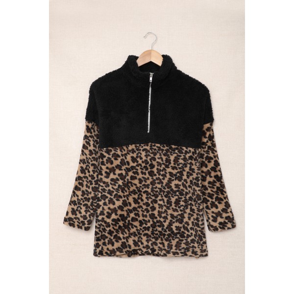 Leopard Block Splicing Zip Pullover Sweatshirt