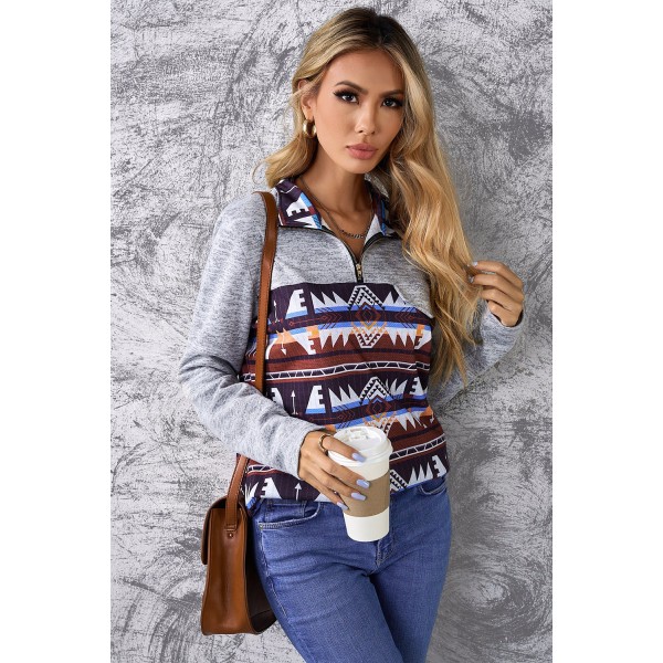 Aztec Geometric Zipper Collar Fake Pocket Sweatshirt