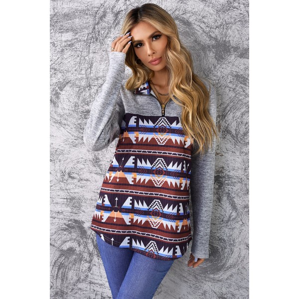 Aztec Geometric Zipper Collar Fake Pocket Sweatshirt