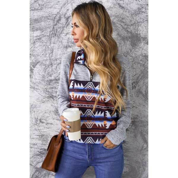 Aztec Geometric Zipper Collar Fake Pocket Sweatshirt