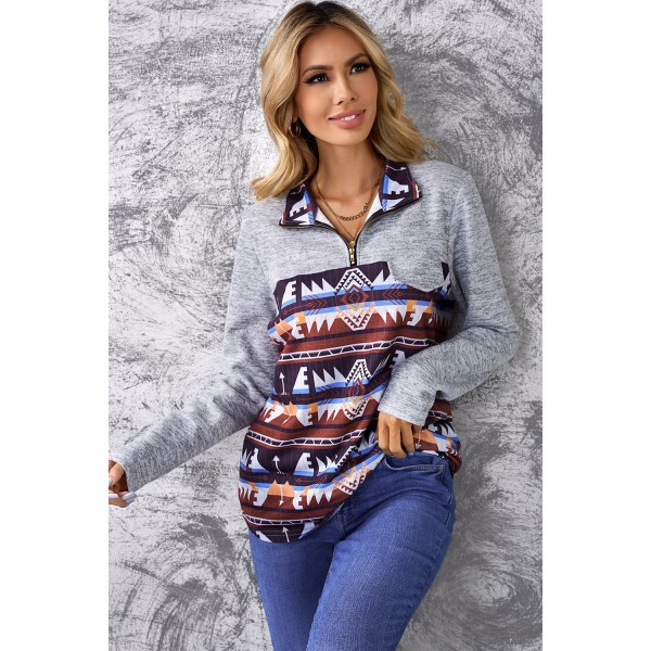 Aztec Geometric Zipper Collar Fake Pocket Sweatshirt