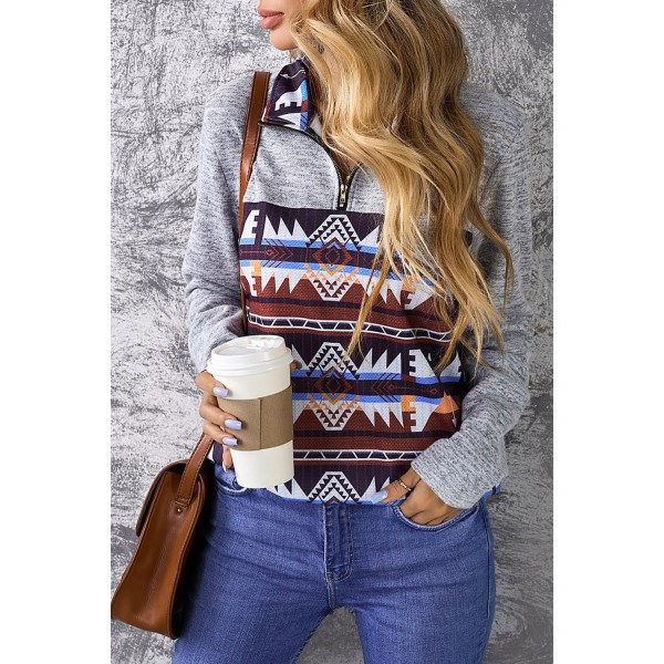 Aztec Geometric Zipper Collar Fake Pocket Sweatshirt