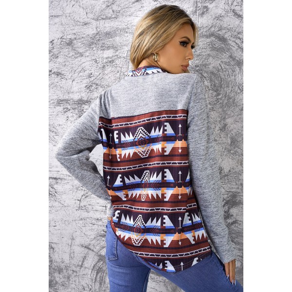 Aztec Geometric Zipper Collar Fake Pocket Sweatshirt