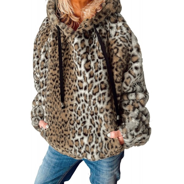 Faux Fur Leopard Print Hoodie