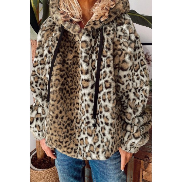 Faux Fur Leopard Print Hoodie
