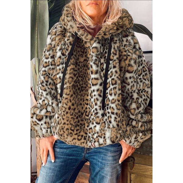 Faux Fur Leopard Print Hoodie