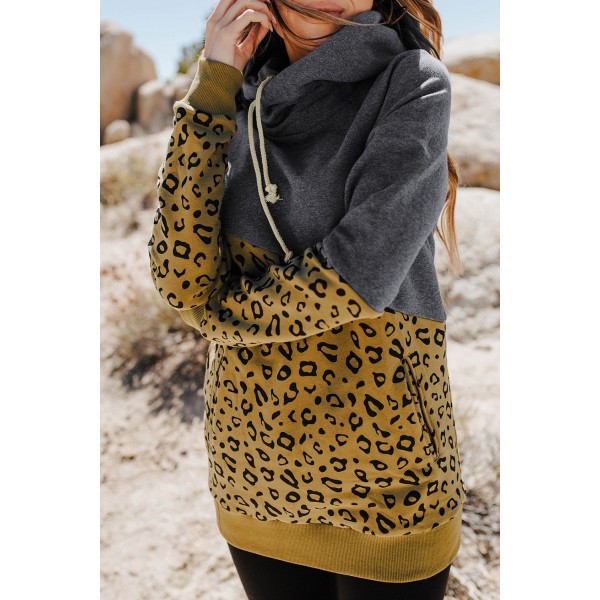 Leopard Colorblock Cowl Neck Hoodie
