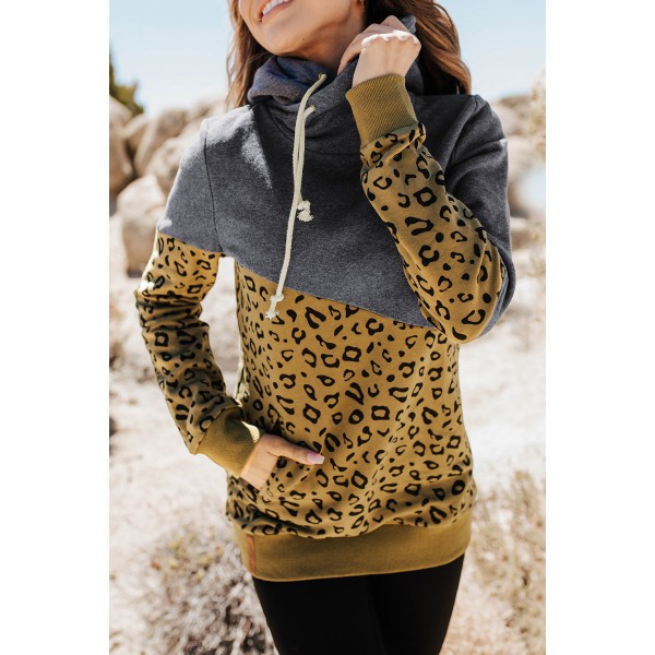 Leopard Colorblock Cowl Neck Hoodie