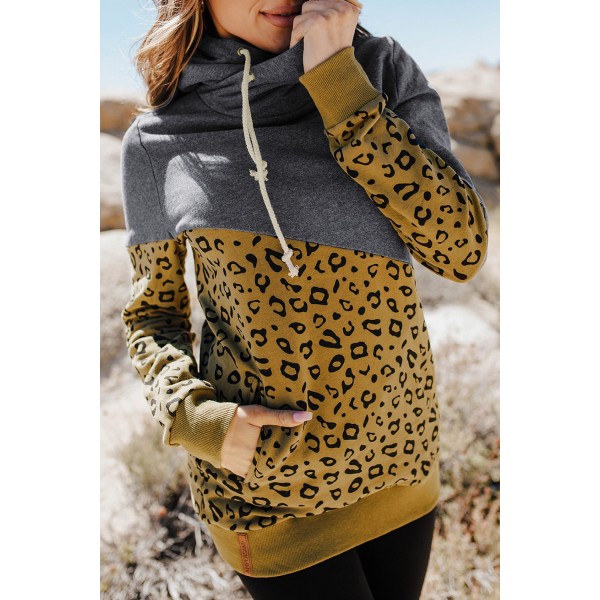 Leopard Colorblock Cowl Neck Hoodie