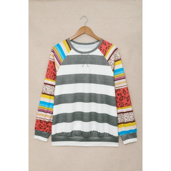 Colorful Leopard Striped Splicing Raglan Sleeve Sweatshirt