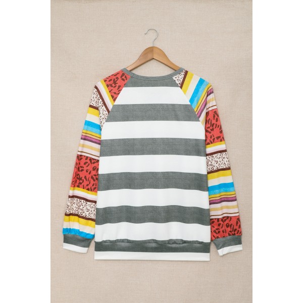 Colorful Leopard Striped Splicing Raglan Sleeve Sweatshirt