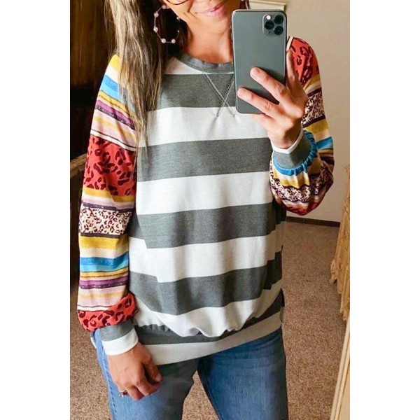 Colorful Leopard Striped Splicing Raglan Sleeve Sweatshirt