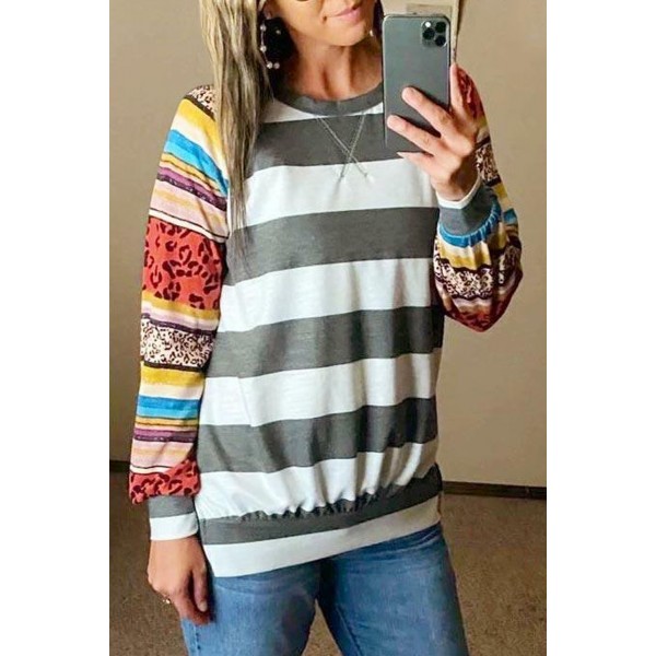 Colorful Leopard Striped Splicing Raglan Sleeve Sweatshirt