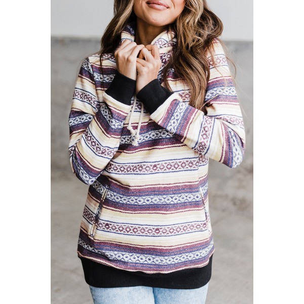 Tribal Pattern Pocket High Neck Pullover Hoodie