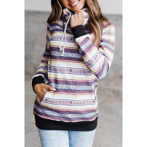 Tribal Pattern Pocket High Neck Pullover Hoodie