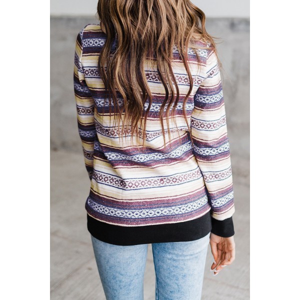 Tribal Pattern Pocket High Neck Pullover Hoodie