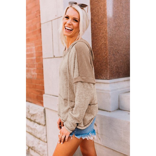 Waffle Patchwork V Neck Pullover Knit Hoodie