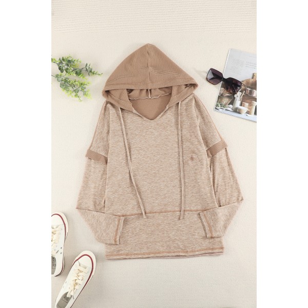 Waffle Patchwork V Neck Pullover Knit Hoodie