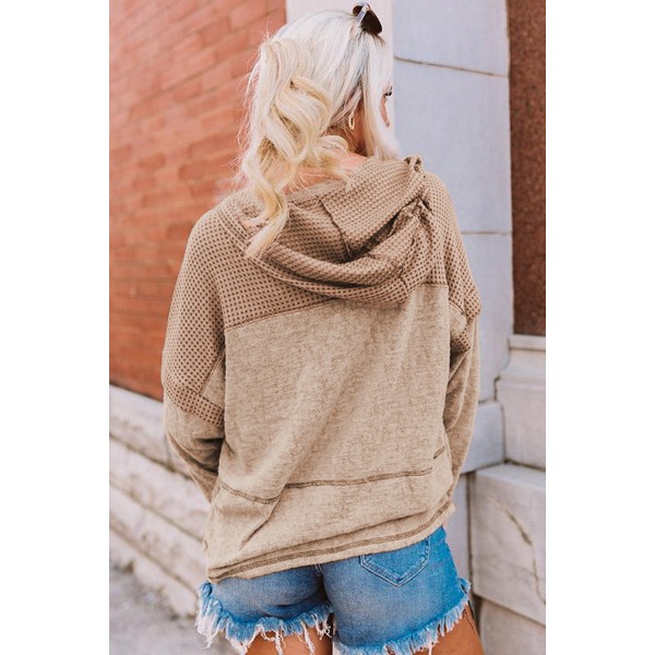 Waffle Patchwork V Neck Pullover Knit Hoodie