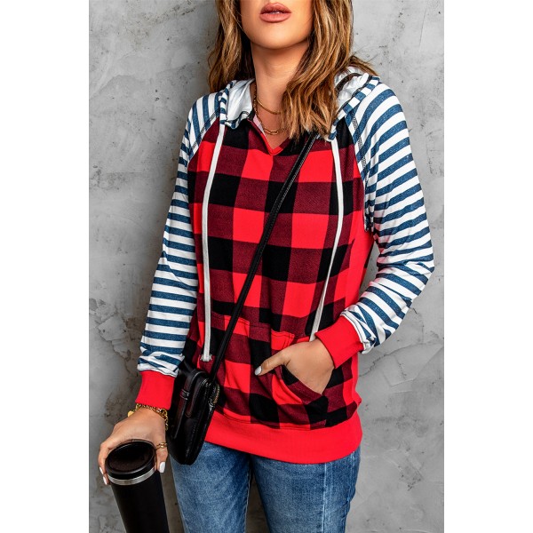 Plaid Print Striped Raglan Long Sleeve Hoodie with Pocket