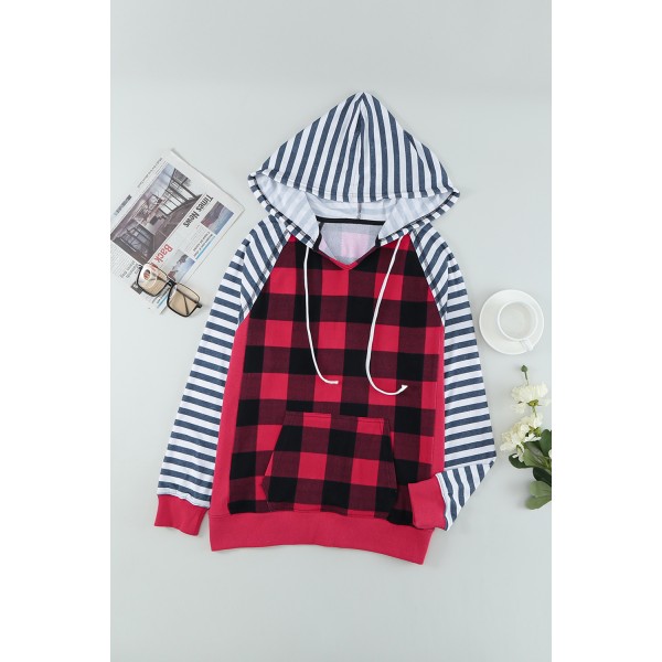 Plaid Print Striped Raglan Long Sleeve Hoodie with Pocket