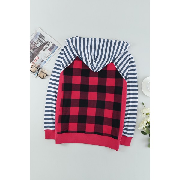 Plaid Print Striped Raglan Long Sleeve Hoodie with Pocket