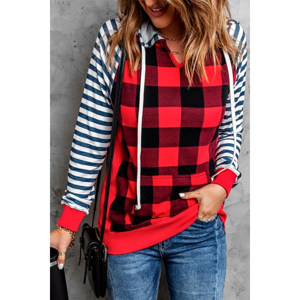Plaid Print Striped Raglan Long Sleeve Hoodie with Pocket