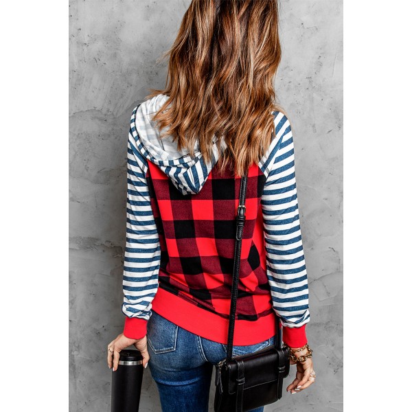 Plaid Print Striped Raglan Long Sleeve Hoodie with Pocket
