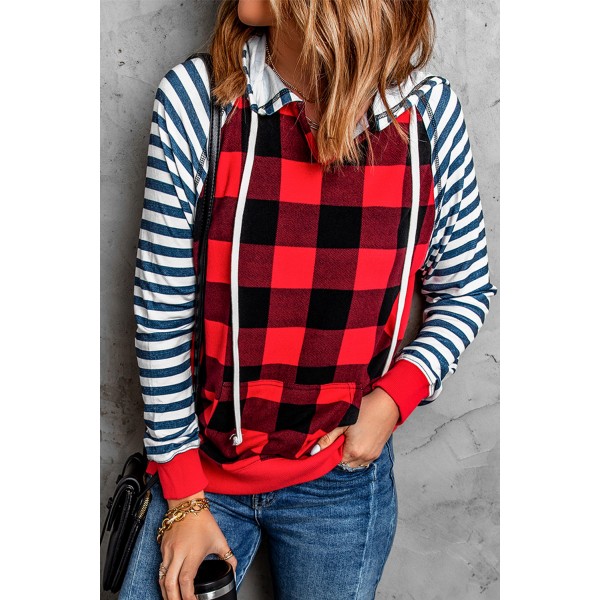 Plaid Print Striped Raglan Long Sleeve Hoodie with Pocket