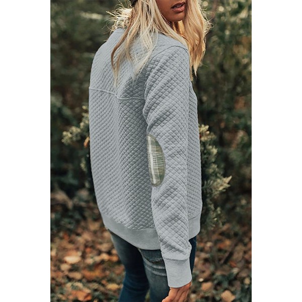 Plaid Splicing Elbow Patch Quilted Long Sleeve Sweatshirt