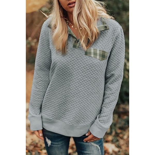 Plaid Splicing Elbow Patch Quilted Long Sleeve Sweatshirt