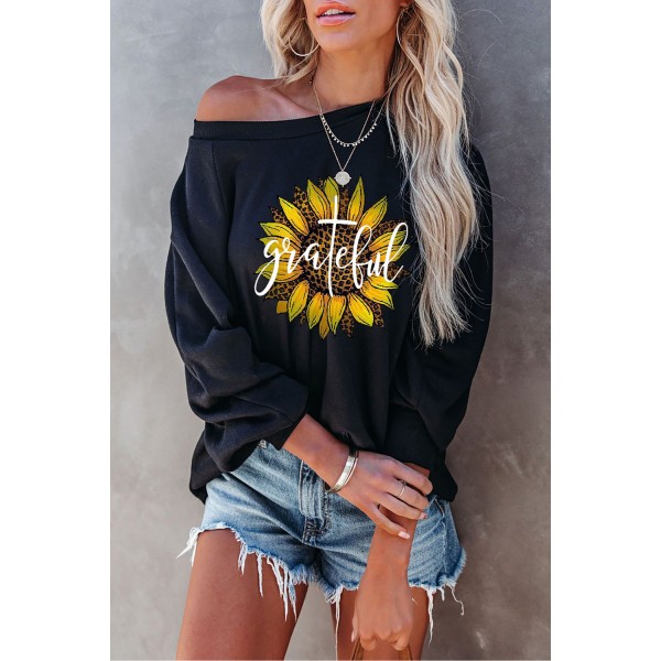 Leopard Sunflower Letter Print Crew Neck Sweatshirt