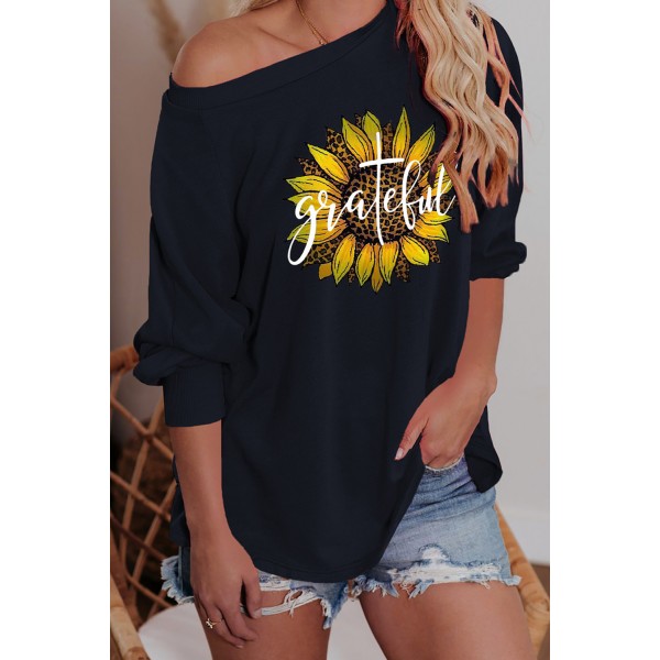 Leopard Sunflower Letter Print Crew Neck Sweatshirt