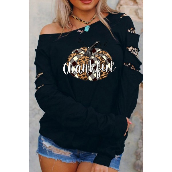 Leopard Pumpkin Letter Print Cut-out Halloween Sweatshirt