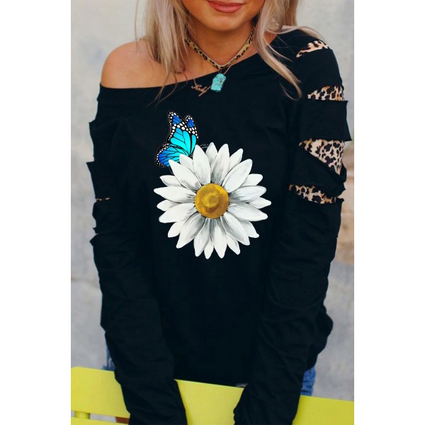 Daisy Butterfly Print Cut-out Leopard Long Sleeve Sweatshirt