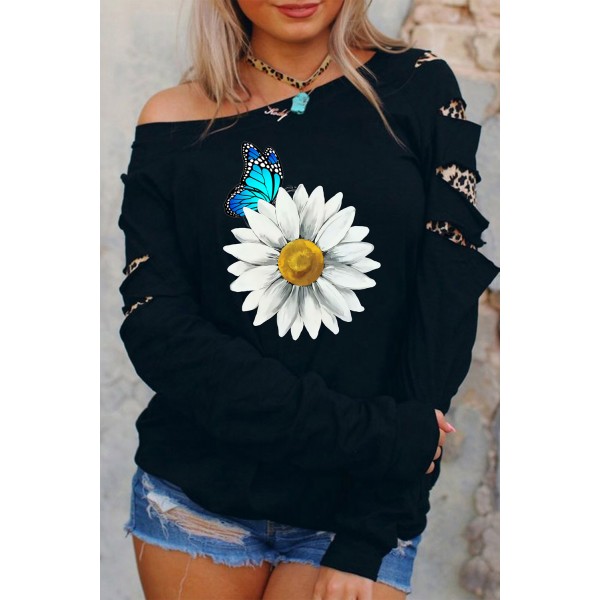 Daisy Butterfly Print Cut-out Leopard Long Sleeve Sweatshirt