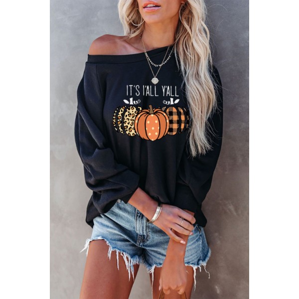 Halloween Letter Pumpkin Print Loose Long Sleeve Sweatshirt