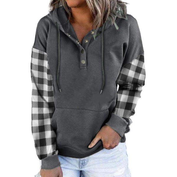 Gray Plaid Snap Button Pullover Hoodie with Pocket