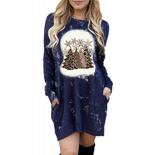 Blue Bleached Christmas Tree Snowflakes Print Mini Dress