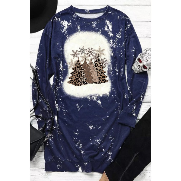 Blue Bleached Christmas Tree Snowflakes Print Mini Dress
