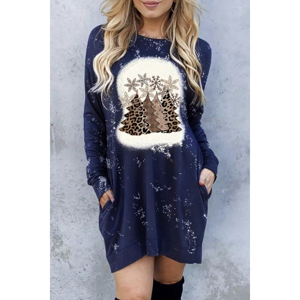 Blue Bleached Christmas Tree Snowflakes Print Mini Dress