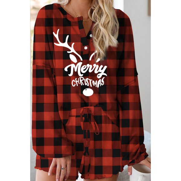 Christmas Plaid Letter Print Long Sleeve Top and Shorts Loungewear