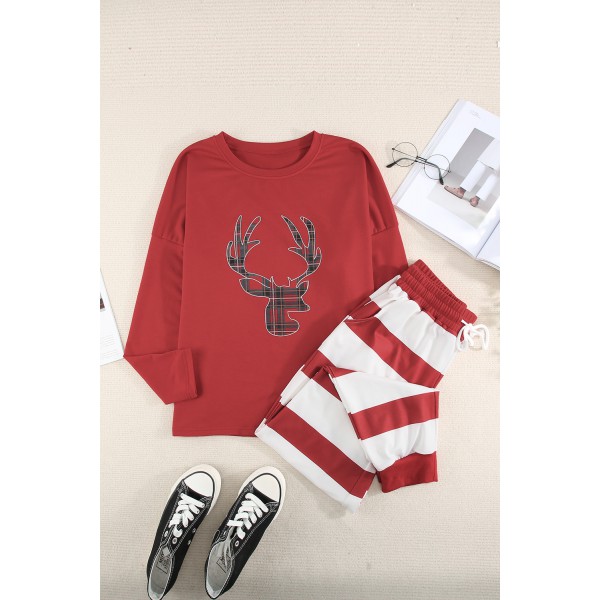 Christmas Elk Print Top and Striped Pants Loungewear