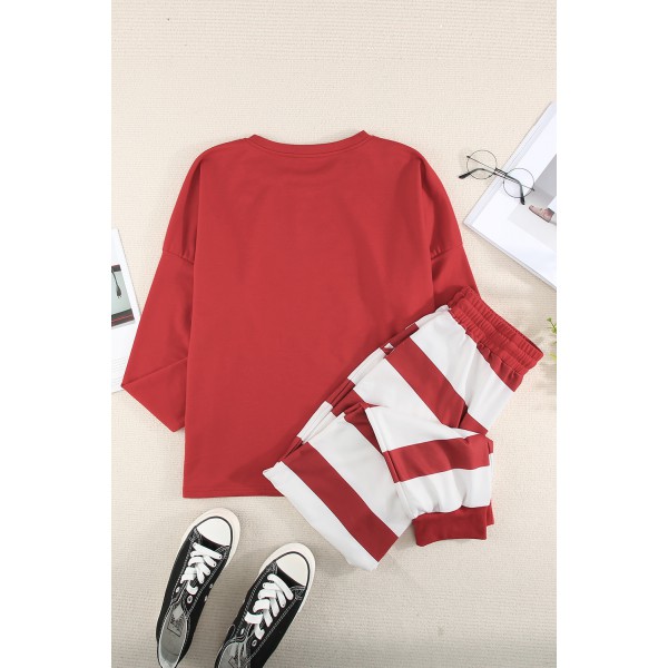 Christmas Elk Print Top and Striped Pants Loungewear