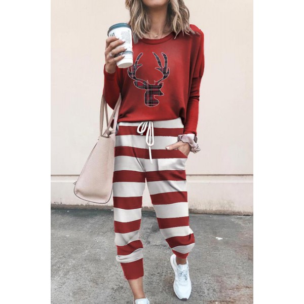 Christmas Elk Print Top and Striped Pants Loungewear