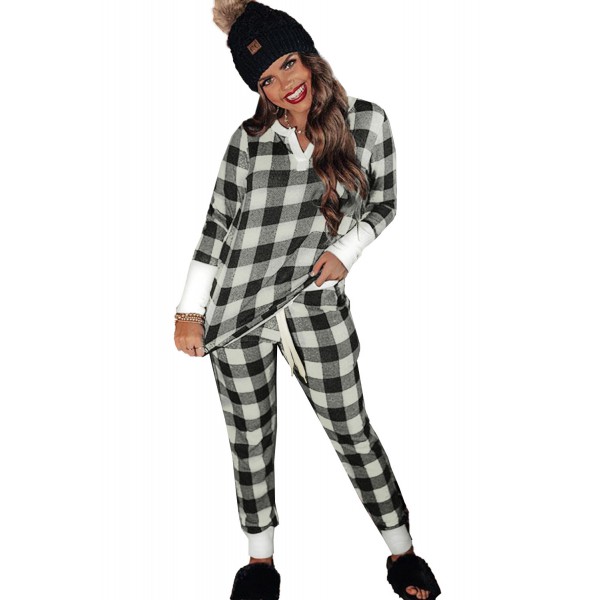 Black Christmas Plaid Print Long Sleeve Top and Pants Lounge Set