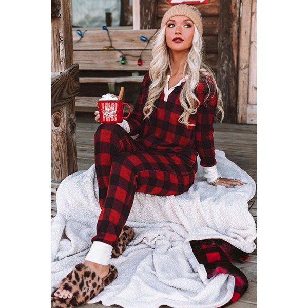 Christmas Red Plaid Print Long Sleeve Top and Pants Lounge Set
