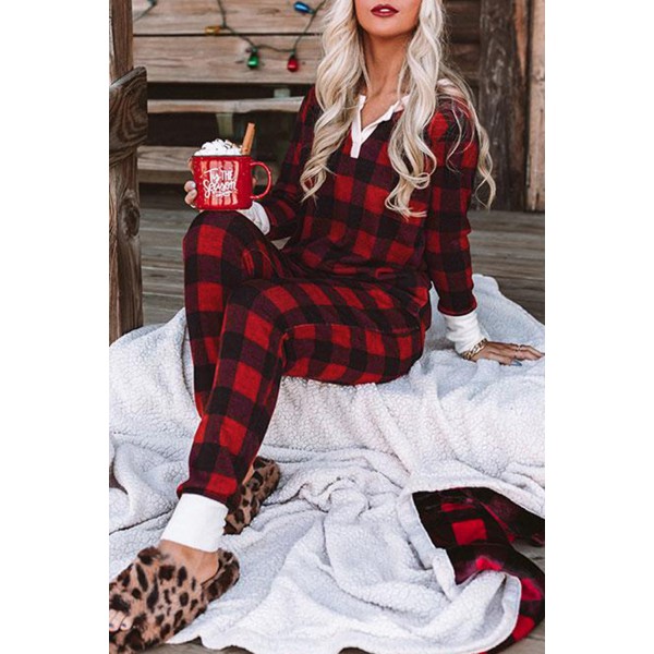 Christmas Red Plaid Print Long Sleeve Top and Pants Lounge Set