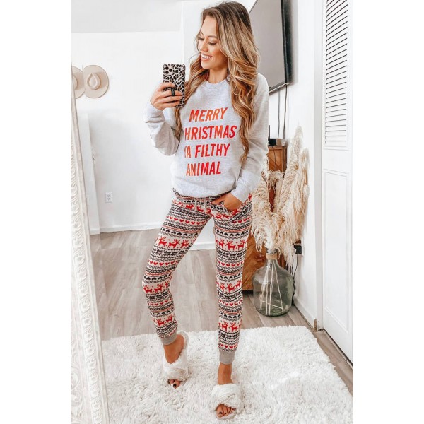 Gray Reindeer Print Christmas Lounge Set
