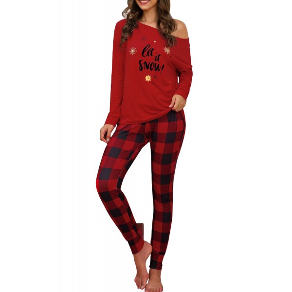 Red Christmas Letter Print Plaid Pajama Set